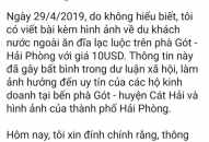 Kết quả xử lý vụ việc “Tài khoản facebook tung tin về 2 du khách nước ngoài ăn đĩa lạc luộc trên phà Gót – QQ8839 nhà cái với giá 10 USD”